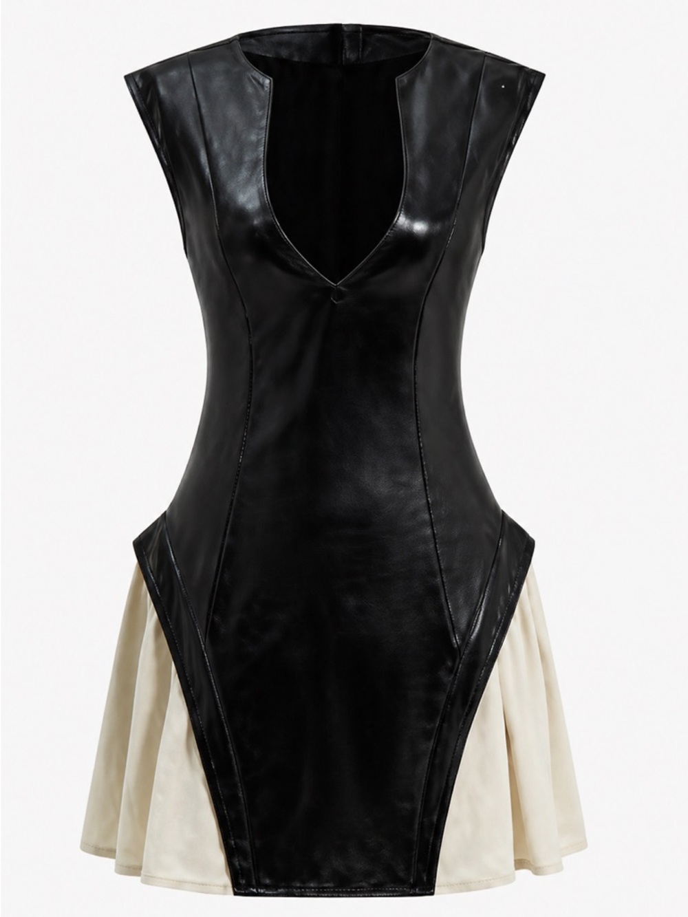 Black Faux Leather Dress with Cream Skirt Panels